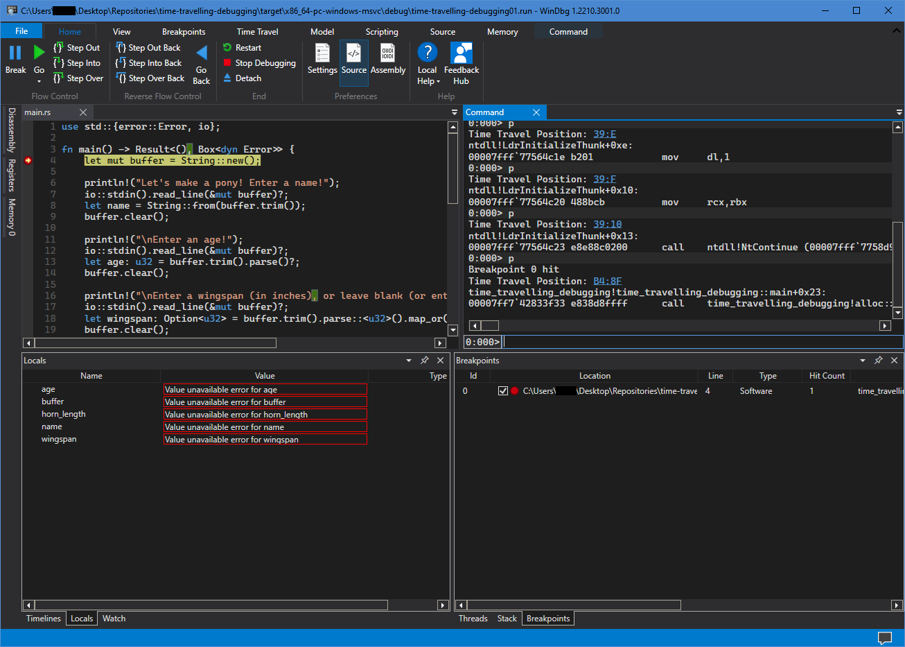 A screenshot of WinDbg (Preview) debugging a Rust application, halted on a breakpoint.